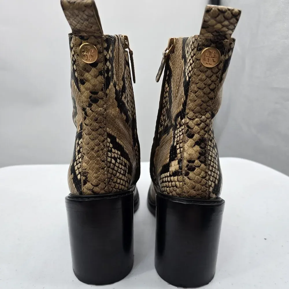 Tory Burch Boots Womens Size 9 Brown Snake Leather Ankle Block Heel Booties